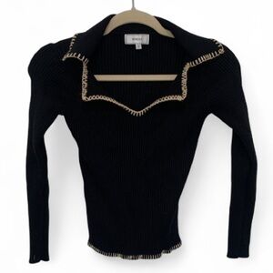 Rihoas Black Ribbed Tan Trim Sweater Top